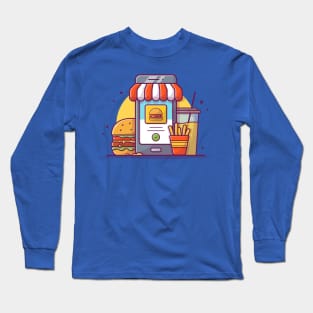 Handphone, Burger, French Fries, And Drink Cartoon Long Sleeve T-Shirt